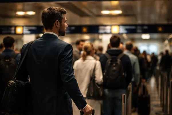 A man standing in the passport control queue