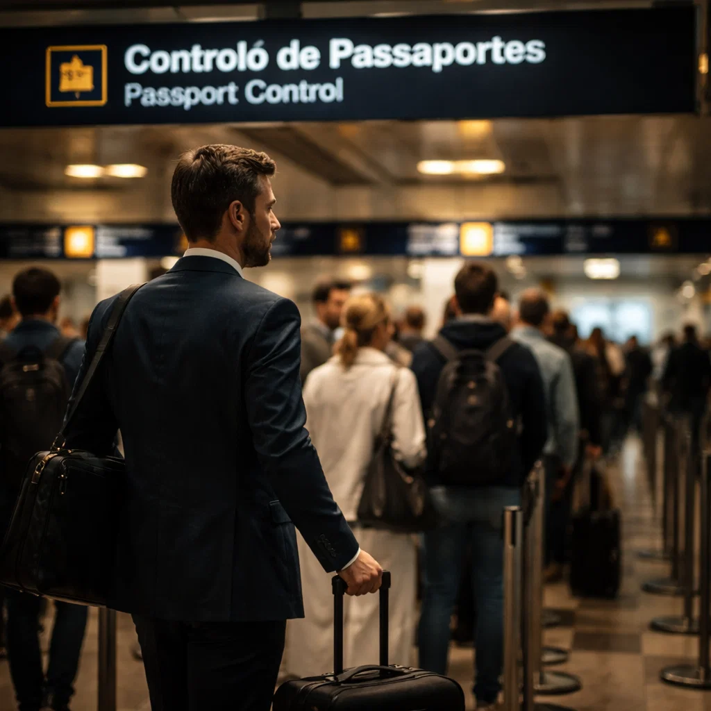 A man standing in the passport control queue